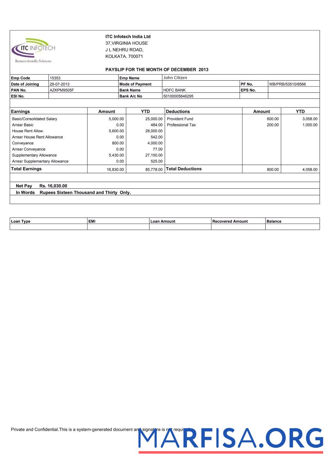 Blank India ITC Infotech India LTD payslip example
